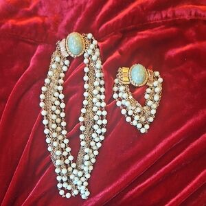 Vintage 1970s Silver-Tone Multi-Strand Blue Bead Necklace and Bracelet